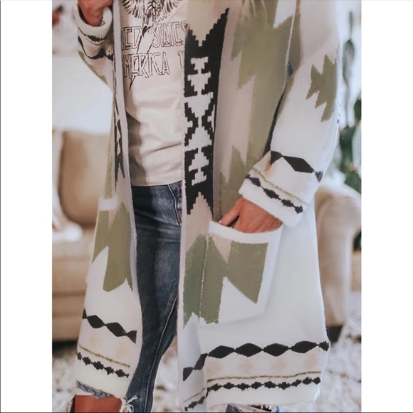 Boho print knit cardigan sweater long pockets - Picture 4 of 5